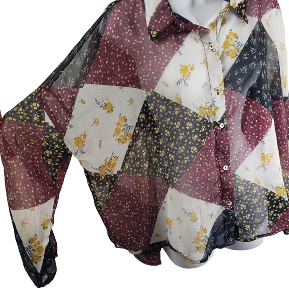 Willow Root Womens Size M Patchwork Floral Sheer Blouse - Picture 6 of 7